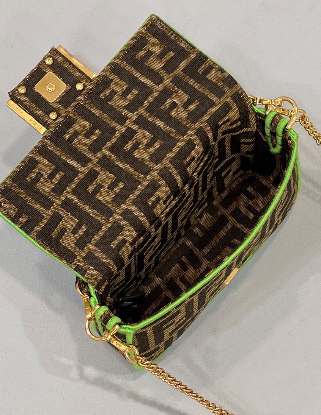 FI Baguette Small Brown Fabric Green Border Bag For Woman 18cm/7in