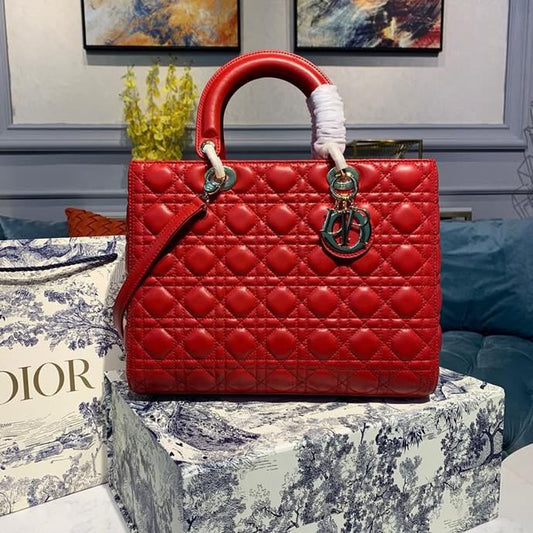 DI Large Lady Bag Gold Toned Hardware Cherry Red Cannage For Women CD 12.5in/32cm M0566ONGE_M52R