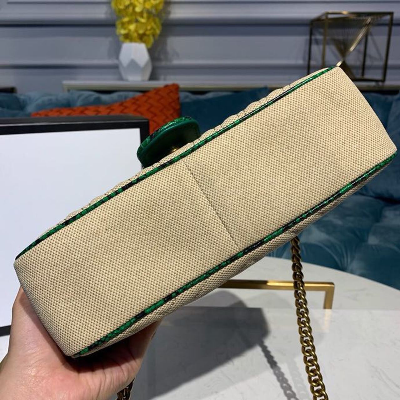 gg Marmont Raffia Straw Shoulder Bag Beige/Green gg Chevron Matelassé Raffia Effect Fabric For Women 10in/26cm gg 443497