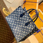 ONTHEGO MM M59608 Denim Leather Bag Navy Blue