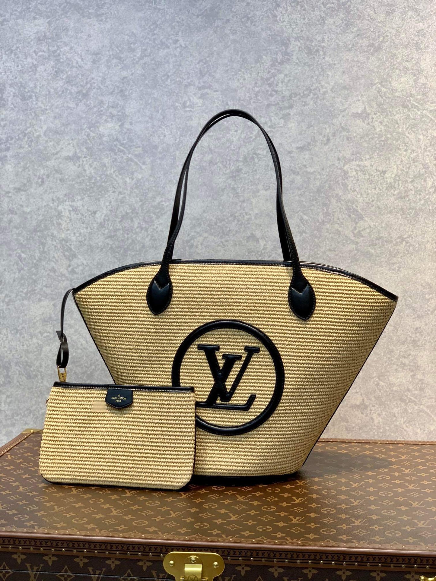 M59963 M59808 Black Plain Leather Logo Straw Bags 2022 SS free shipping