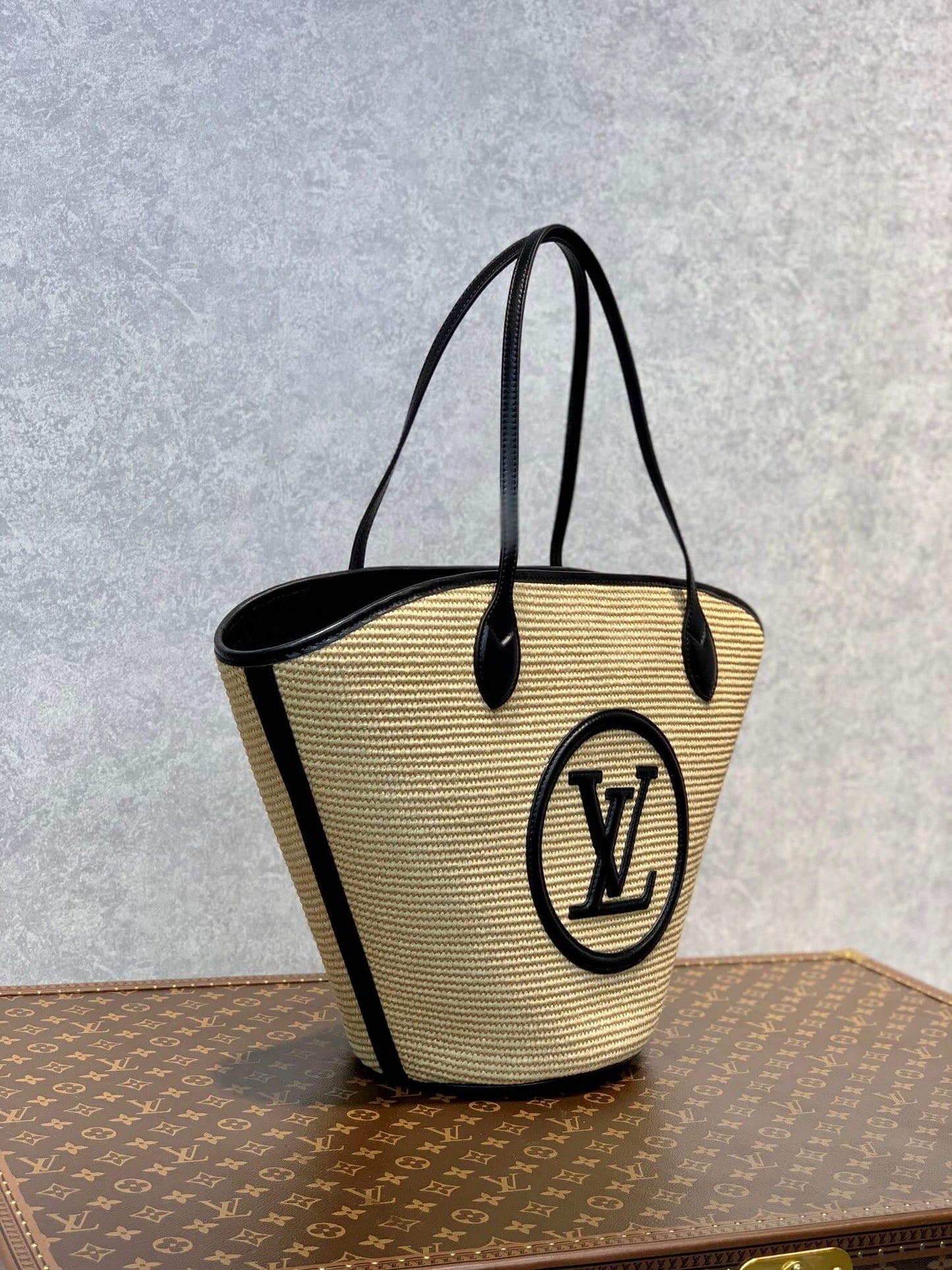 M59963 M59808 Black Plain Leather Logo Straw Bags 2022 SS free shipping