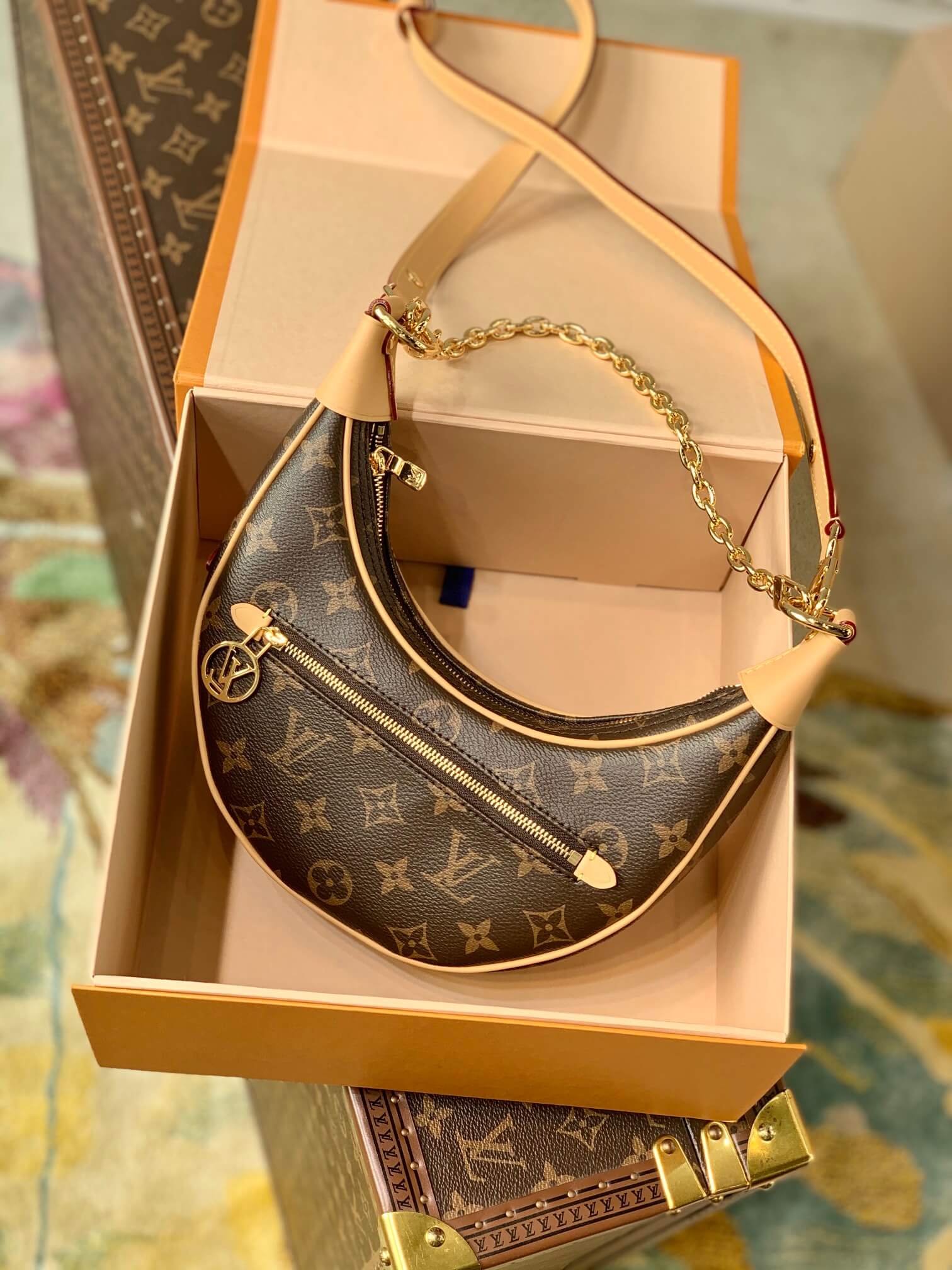 M81098 Moon Bag brown canvas monogram leather