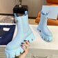 PRADA MONOLITH BRUSHED LEATHER BOOTIES BLUE
