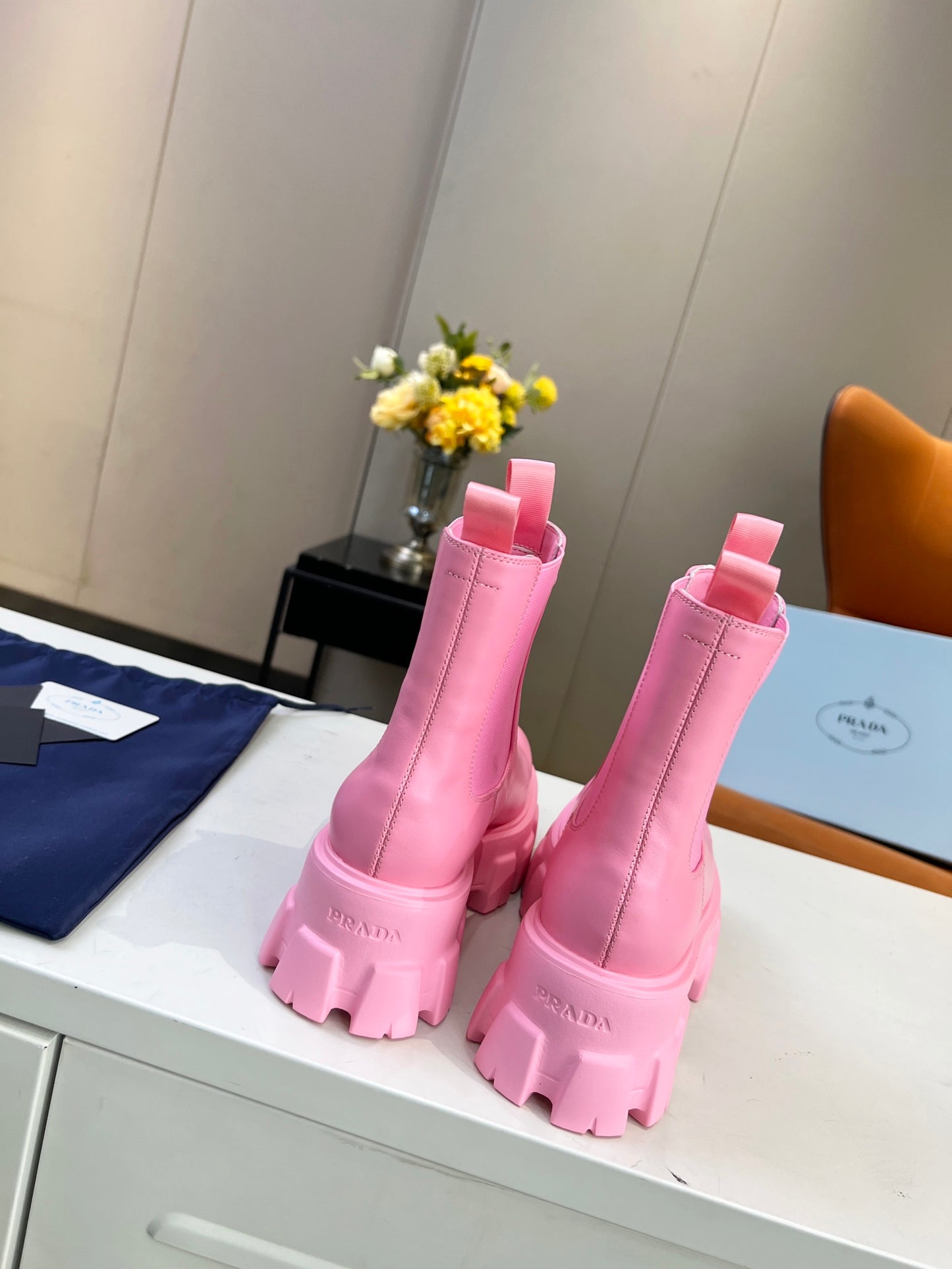 PRADA MONOLITH BRUSHED LEATHER BOOTIES PINK