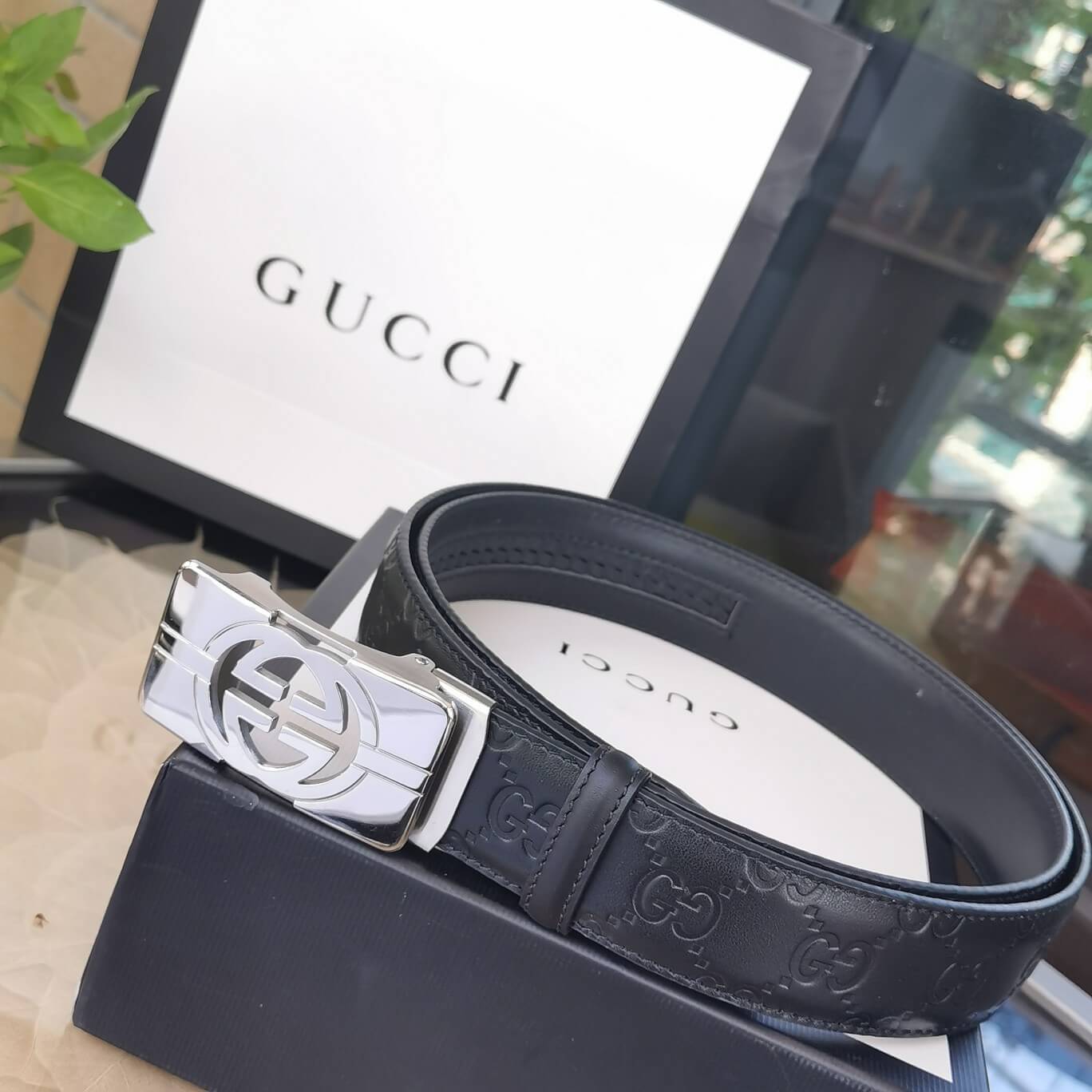 GC BELT Cowhide leather blue Silver buckle wide 3.4cm Automatic buckle