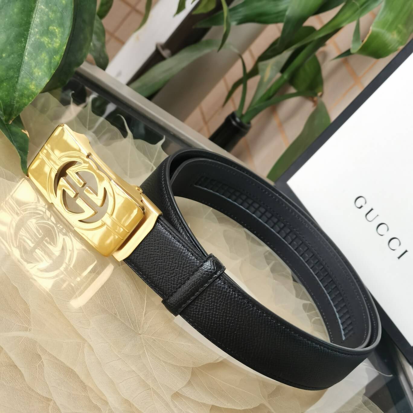 GC BELT Cowhide leather black gold buckle wide 3.5cm Automatic buckle