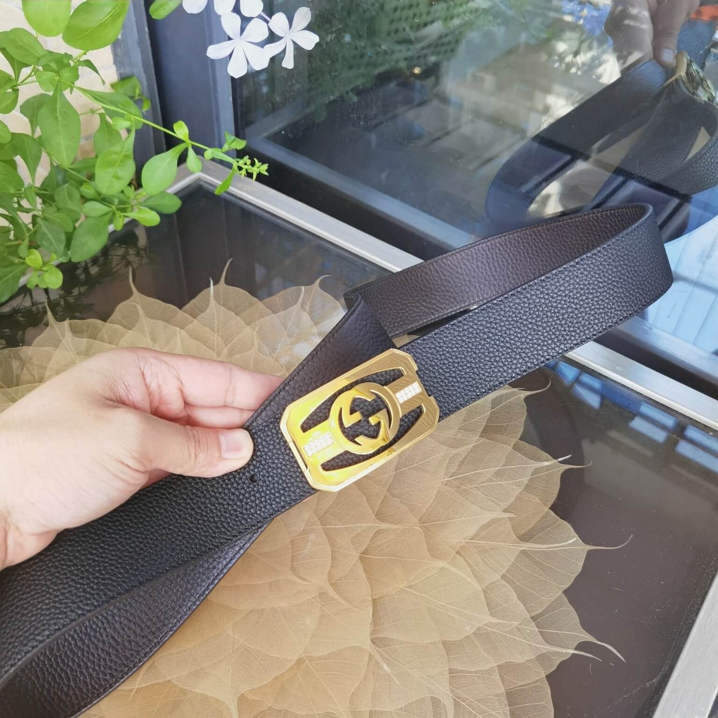GC BELT Cowhide leather black gold buckle wide 3.8cm