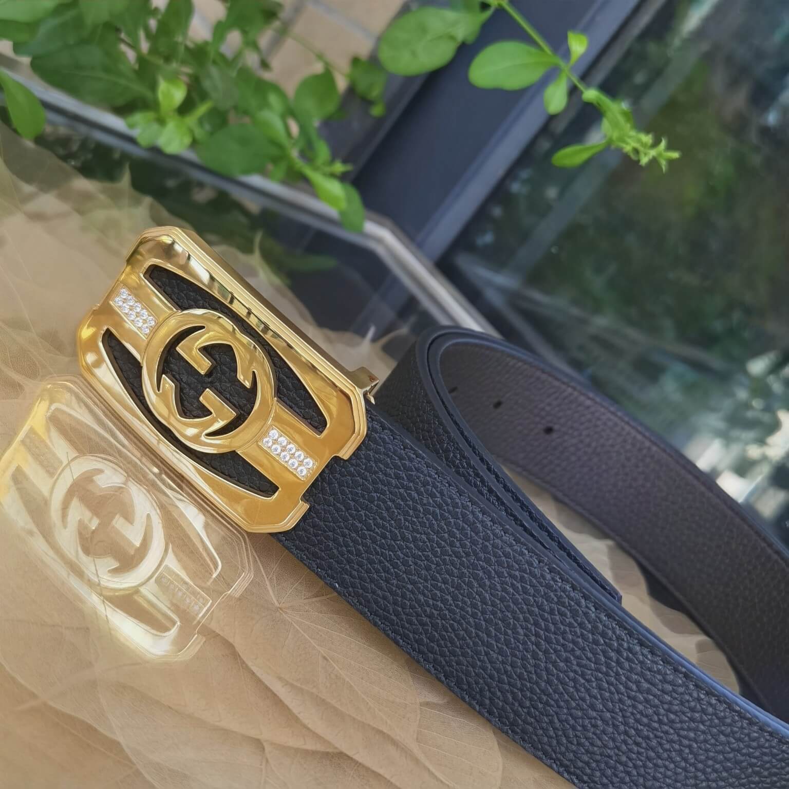 GC BELT Cowhide leather black gold buckle wide 3.8cm