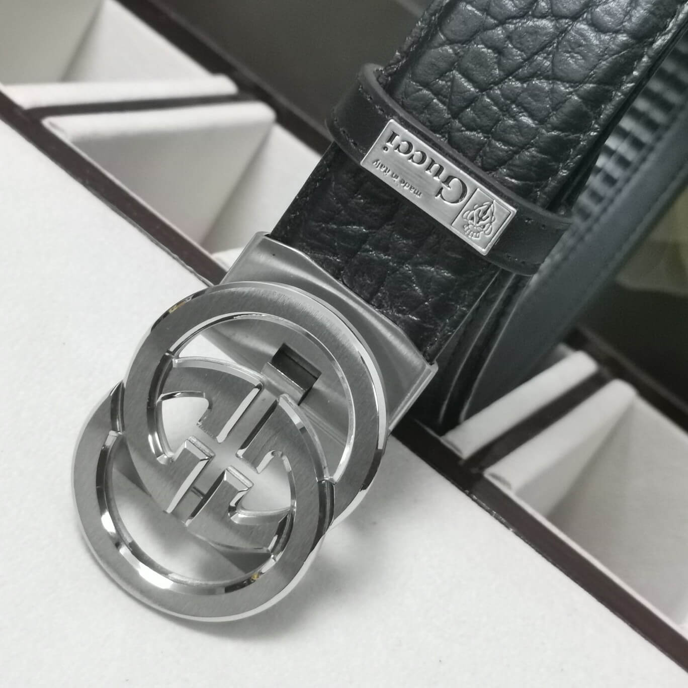 GC BELT Cowhide leather black Silver buckle wide 3.4cm Automatic buckle