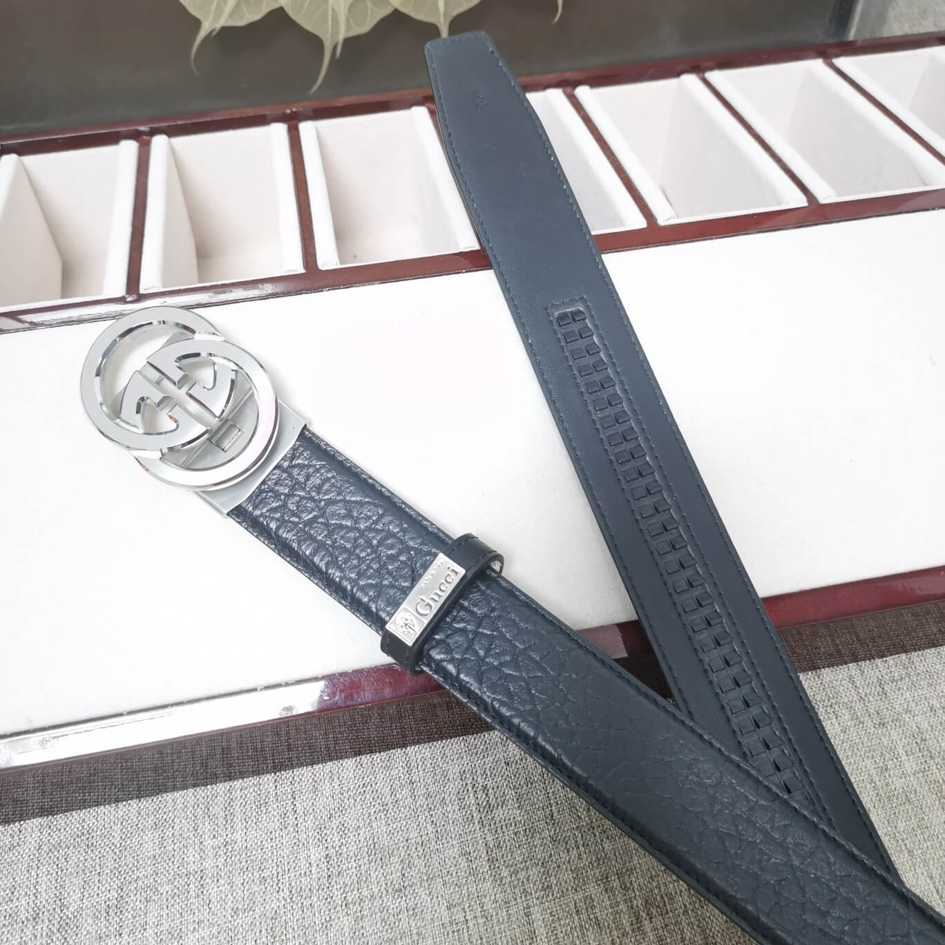 GC BELT Cowhide leather black Silver buckle wide 3.4cm Automatic buckle