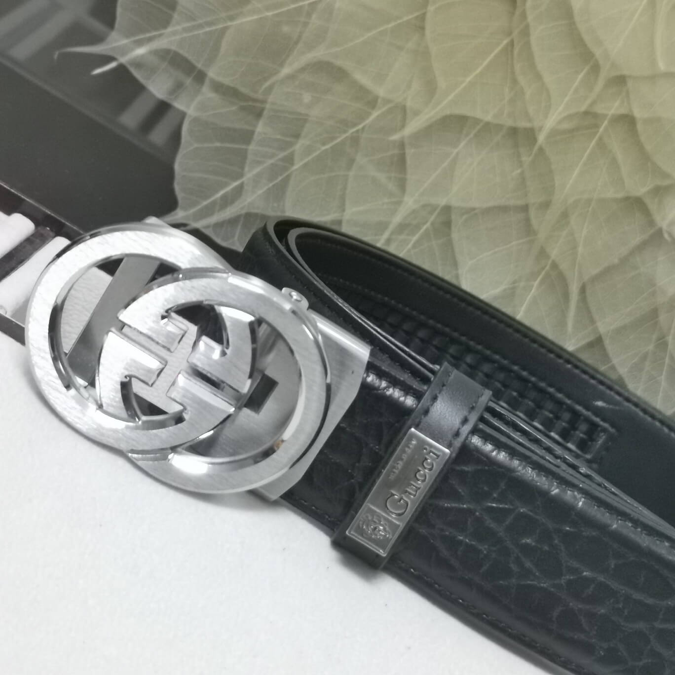 GC BELT Cowhide leather black Silver buckle wide 3.4cm Automatic buckle