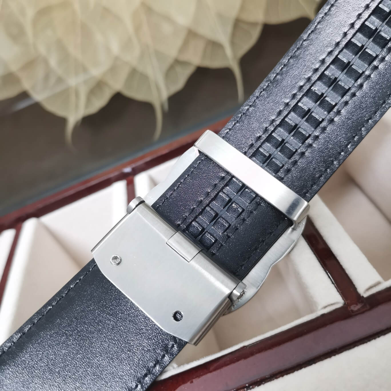 GC BELT Cowhide leather black Silver buckle wide 3.4cm Automatic buckle