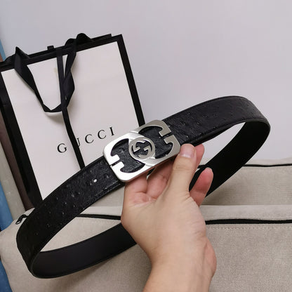 GC BELT Cowhide leather black Silver buckle wide 3.5cm Automatic buckle