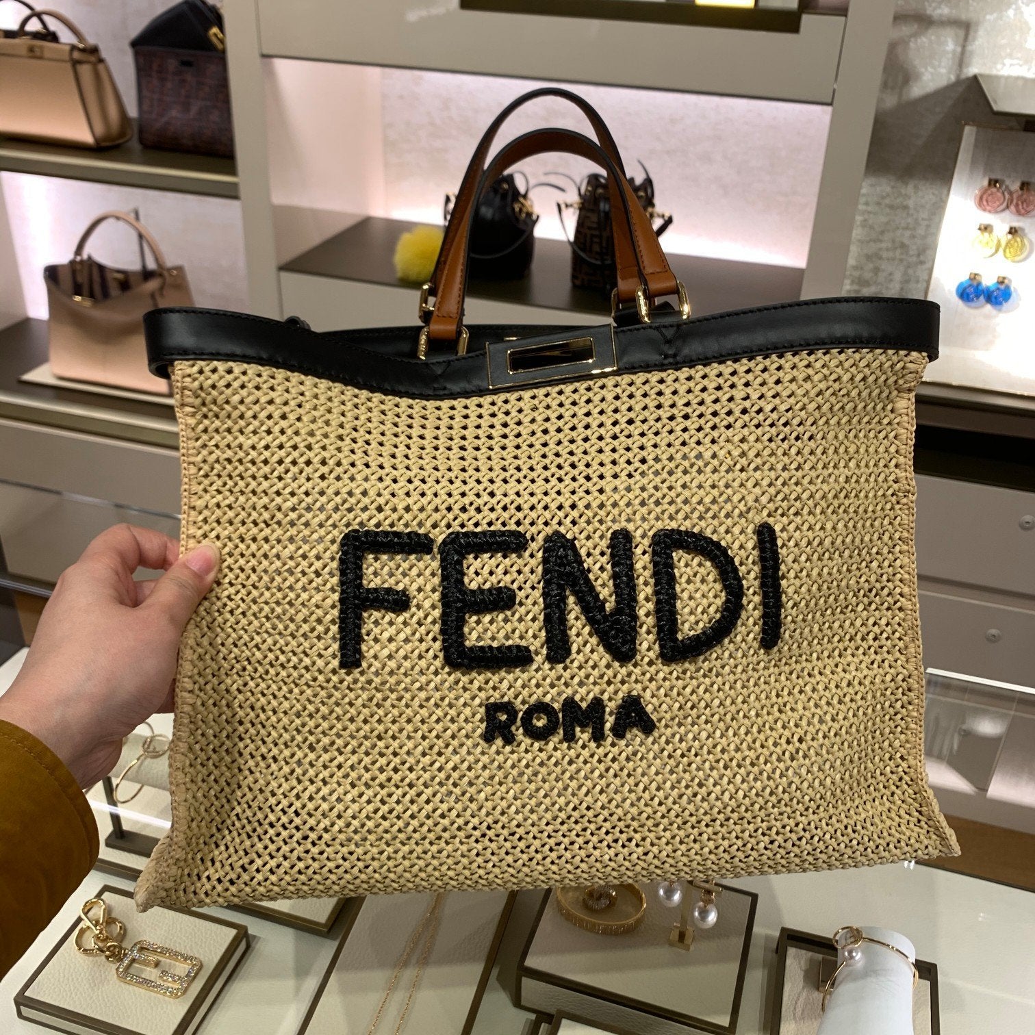 FI Peekaboo X-tote Medium Woven Straw Tote Bag For Women, Women’s Handbags 16.1in/41cm FF
