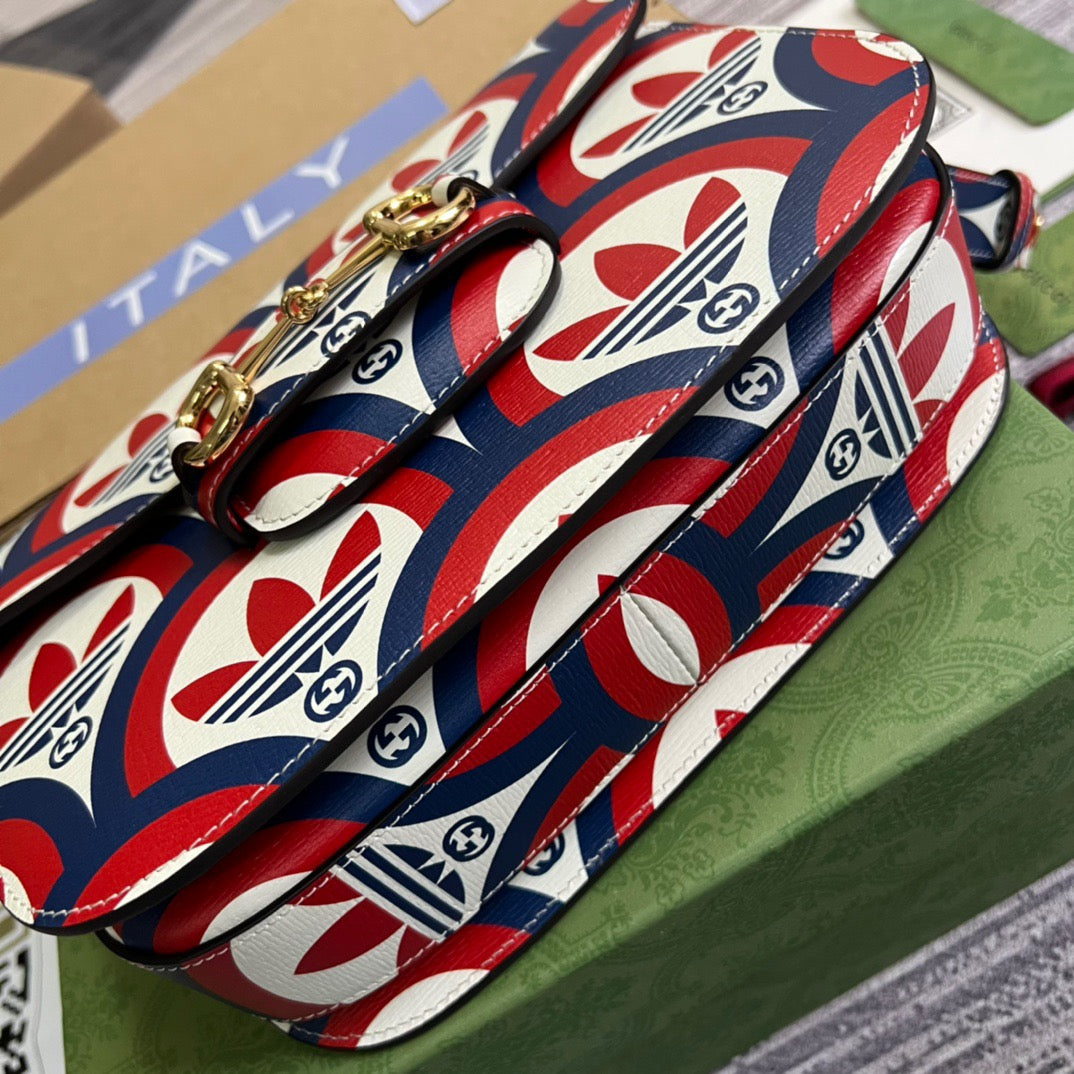 gg x Adidas Horsebit 1955 Shoulder Bag Blue/Red For Women, Women’s Bags 9.8in/25cm gg 602204 UVG0G 4168