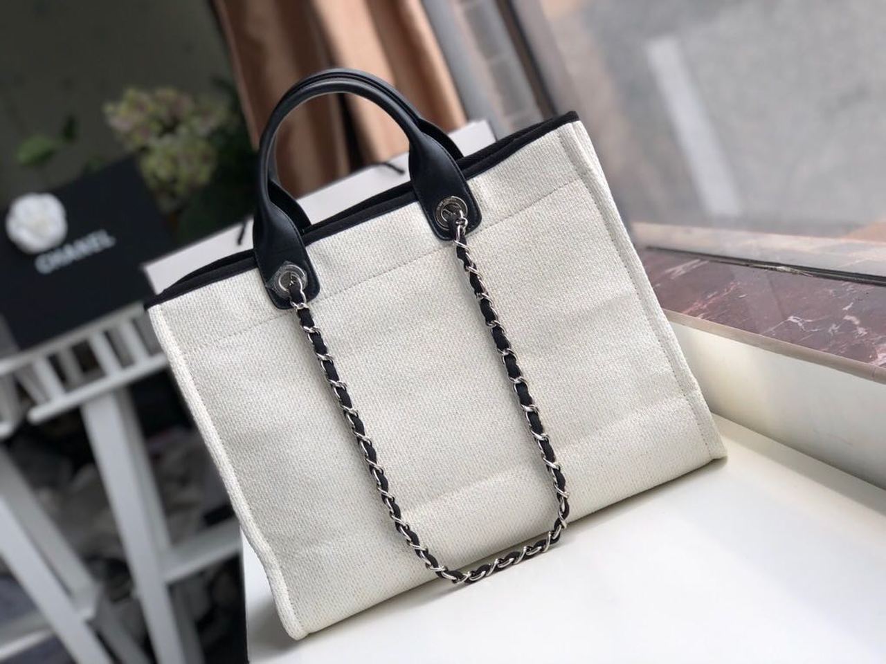 ChanelSmall Shopping Bag Silver Hardware White For Women, Women’s Handbags, Shoulder Bags 15.2in/39cm AS3257