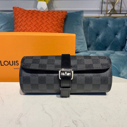 LV 3 Watch Case Damier Graphite Canvas For Men, Bags, Travel Bags 7.9in/20cm LV N41137