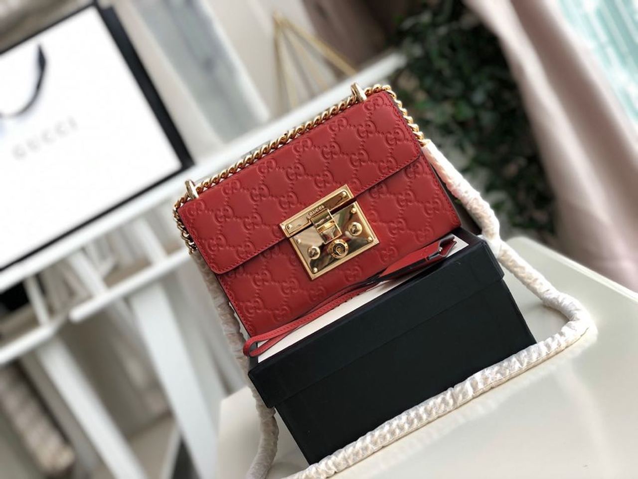 gg Padlock Small gg Signature Shoulder Bag Red ggssima For Women 7.9in/20cm gg 409487