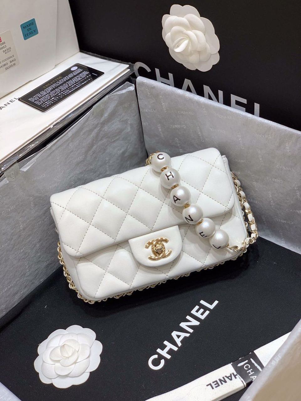ChanelSmall Pearl Logo Strap Flap Bag White For Women, Women’s Handbags, Shoulder And Crossbody Bags 7in/18cm AS1436