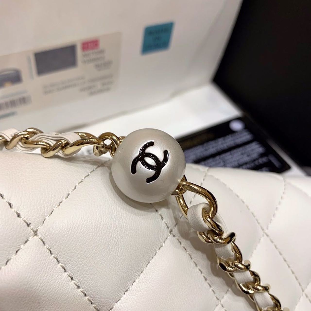 ChanelSmall Pearl Logo Strap Flap Bag White For Women, Women’s Handbags, Shoulder And Crossbody Bags 7in/18cm AS1436