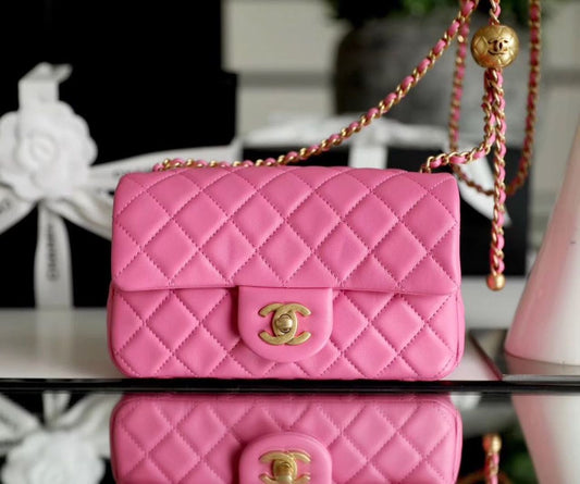 Chanel Classic Flap With Charm Chain With Chanel Ball On Strap Bag 20cm Gold Toned Hardware Lambskin Leather Spring/Summer Collection, Pink