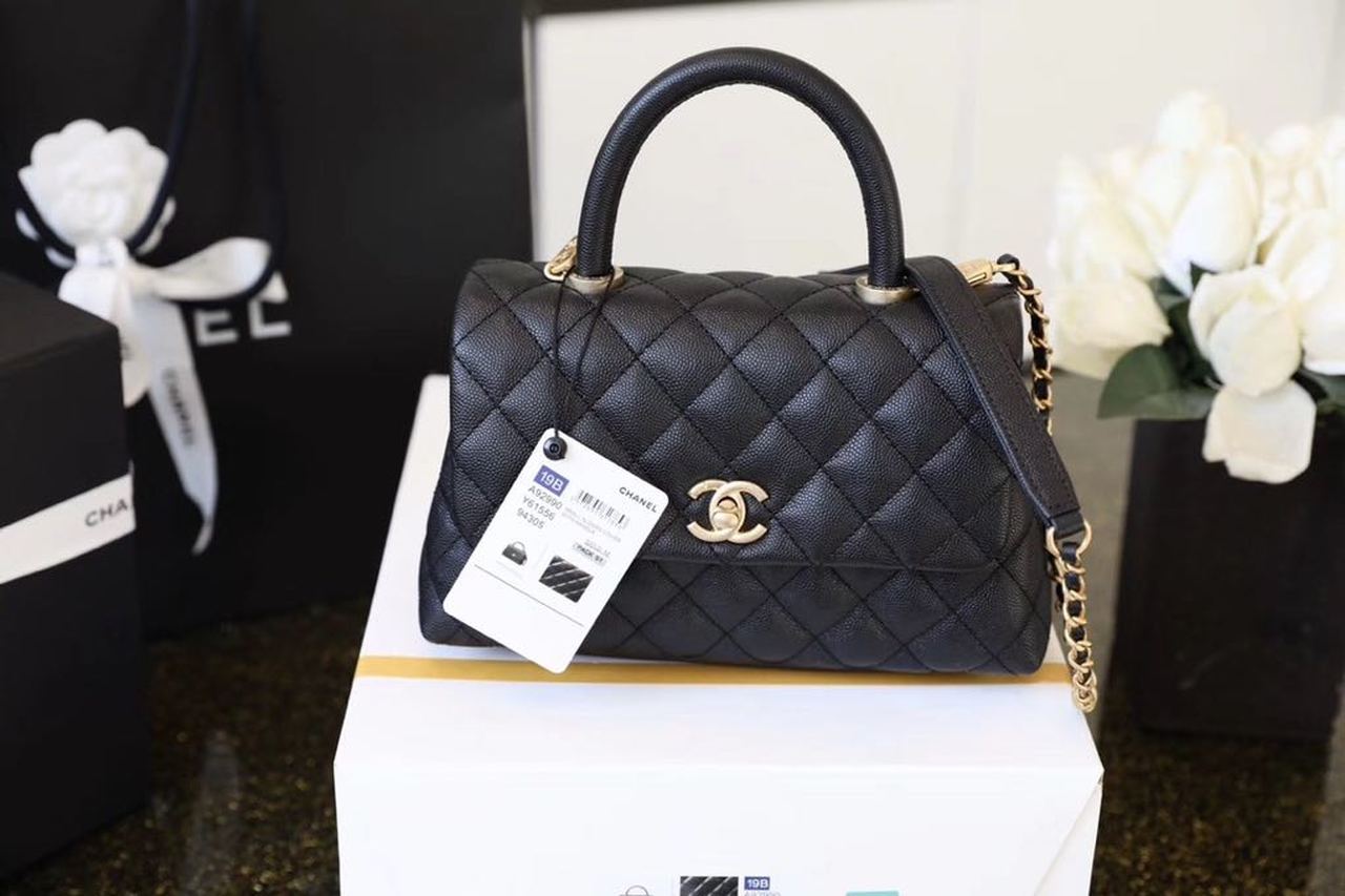 Chanel Coco With Top Handle Bag Gold Toned Hardware Black For Women 9.4in/24cm