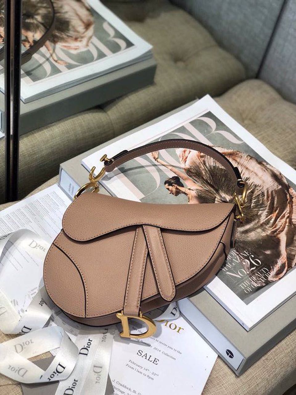 DI Warm Taupe Grained Saddle Bag Gold Toned Hardware Canvas For Women 25cm/10in CD M0446CBAA_M45M