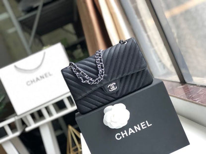 CHL Chevron Classic Handbag Silver Hardware Black For Women, Women’s Bags, Shoulder And Crossbody Bags 10.2in/26cm