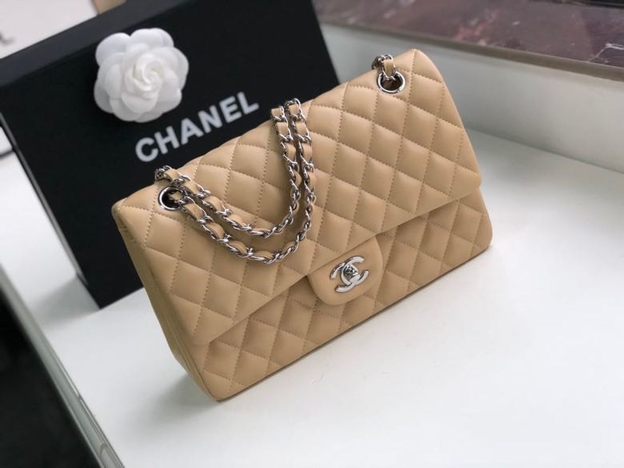Chanel Classic Handbag Silver Hardware Beige For Women, Women’s Bags, Shoulder And Crossbody Bags 10.2in/26cm A01112