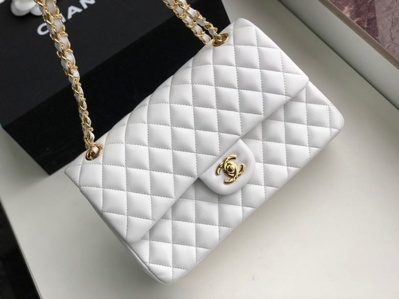 Chanel Classic Handbag Gold Toned Hardware White For Women, Women’s Bags, Shoulder And Crossbody Bags 10.2in/26cm A01112