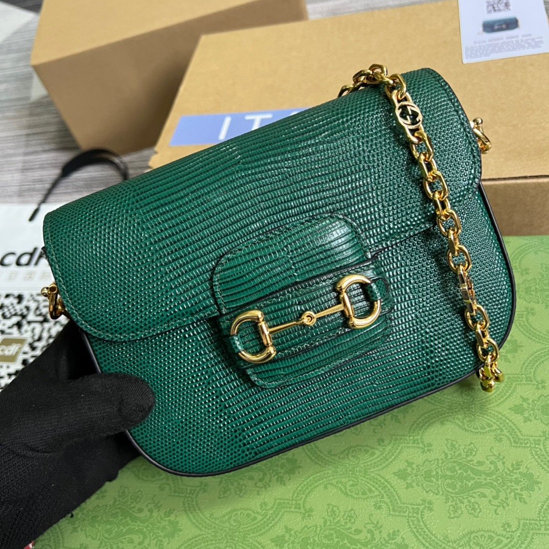 gg Horsebit 1955 Lizard Mini Bag Green For Women, Women’s Bags 8in/20cm gg‎ ‎675801 LUZ0G 3154