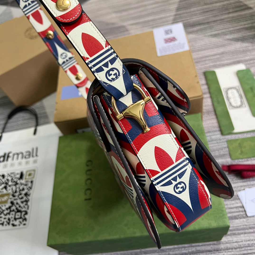 gg x Adidas Horsebit 1955 Shoulder Bag Blue/Red For Women, Women’s Bags 9.8in/25cm gg 602204 UVG0G 4168
