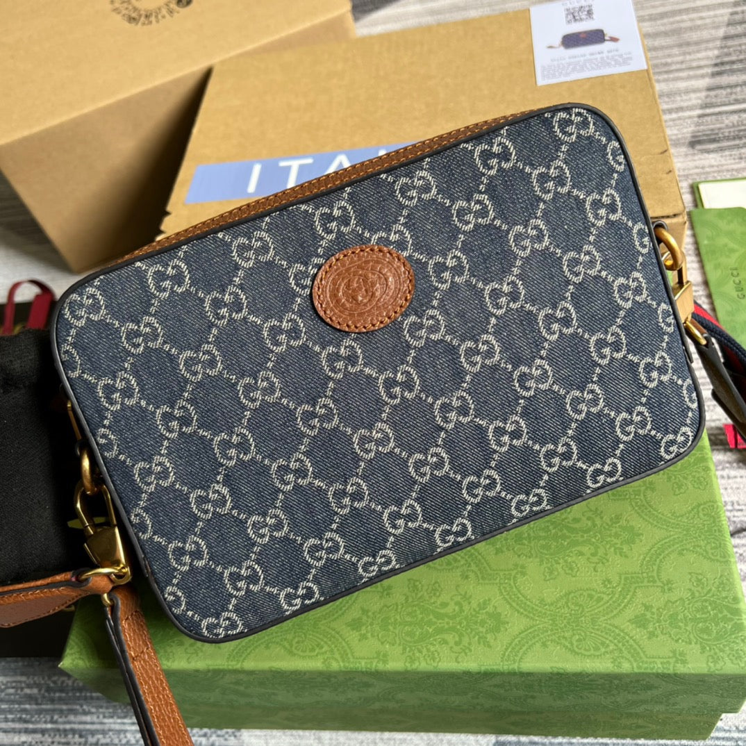 gg Shoulder Bag With Interlocking G Blue And Ivory gg Denim Jacquard For Women  9.6in/24.5cm gg