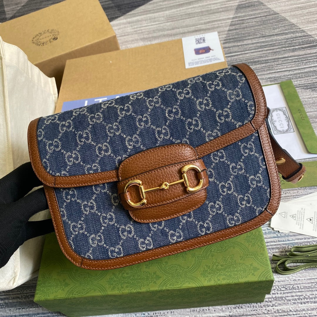 gg Horsebit 1955 Shoulder Bag Blue And Ivory For Women, Women’s Bags 9.8in/25cm gg