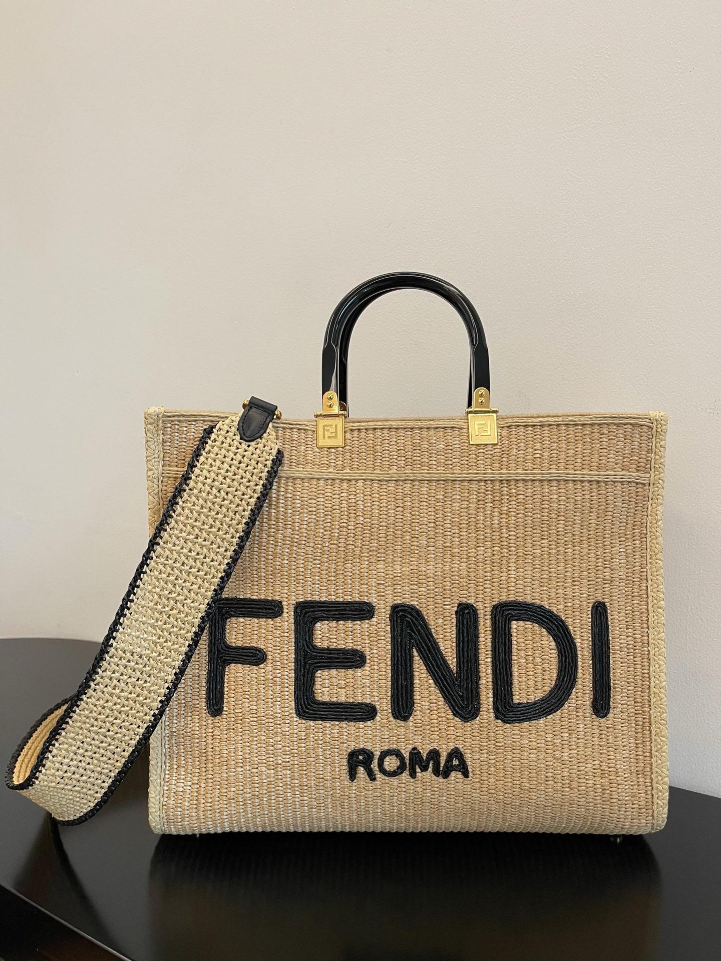 FI Sunshine Medium Beige and Black straw shopper Bag For Woman 31cm/12in 8BH386AKRPF1CBX