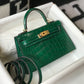 HM Mini Kelly 19 Green Crocodile Bag For Women, Handbags, Shoulder Bag 7.5in/19cm