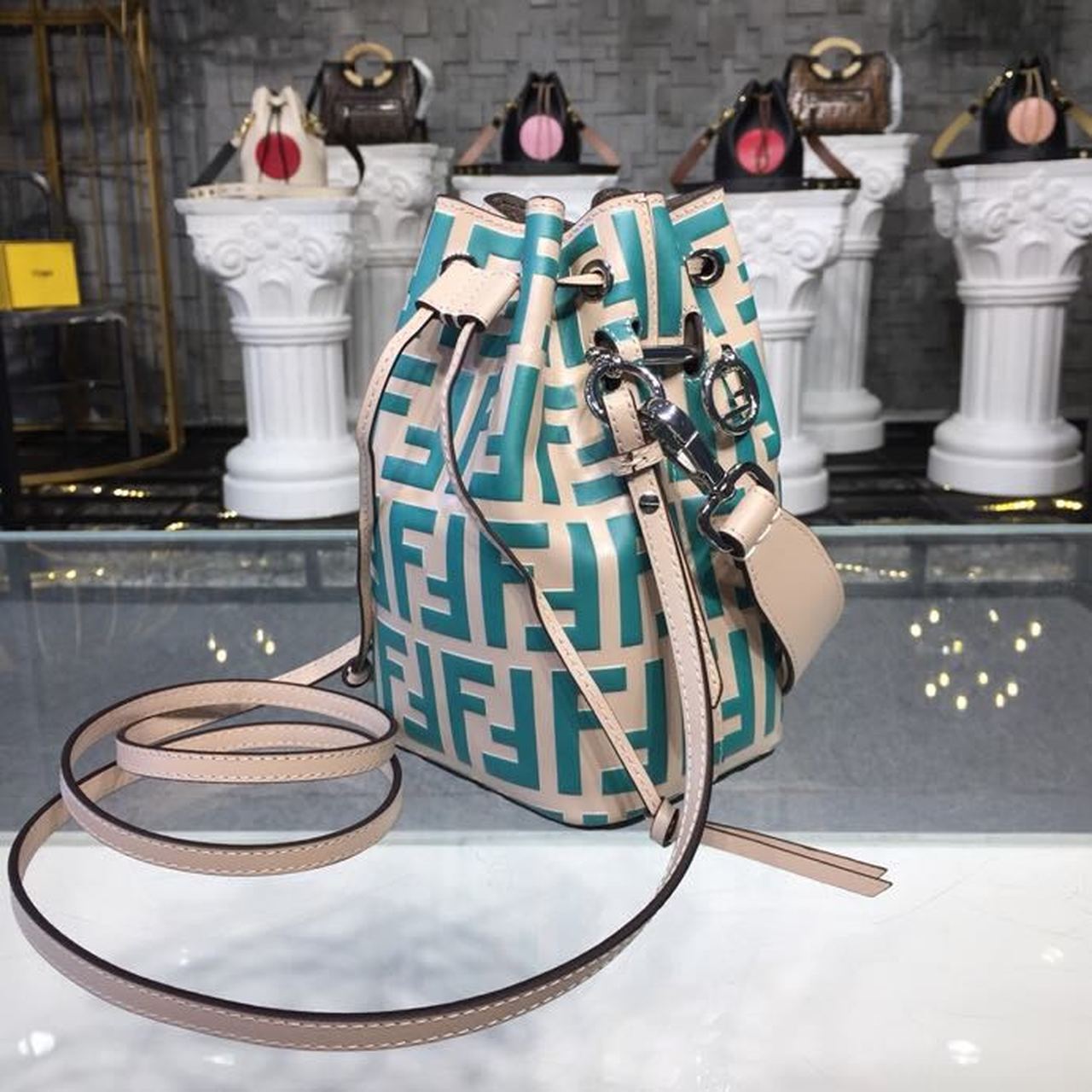 FI Mon Tresor Beige/Teal For Women, Women’s Handbags, Shoulder And Crossbody Bags 7in/18cm FF 8BS010
