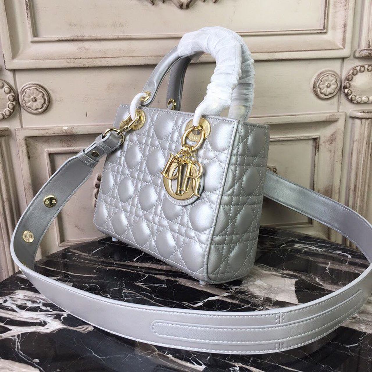 DI Small Lady Bag Gold Toned Hardware Pearl Silver White For Women 8in/20cm CD