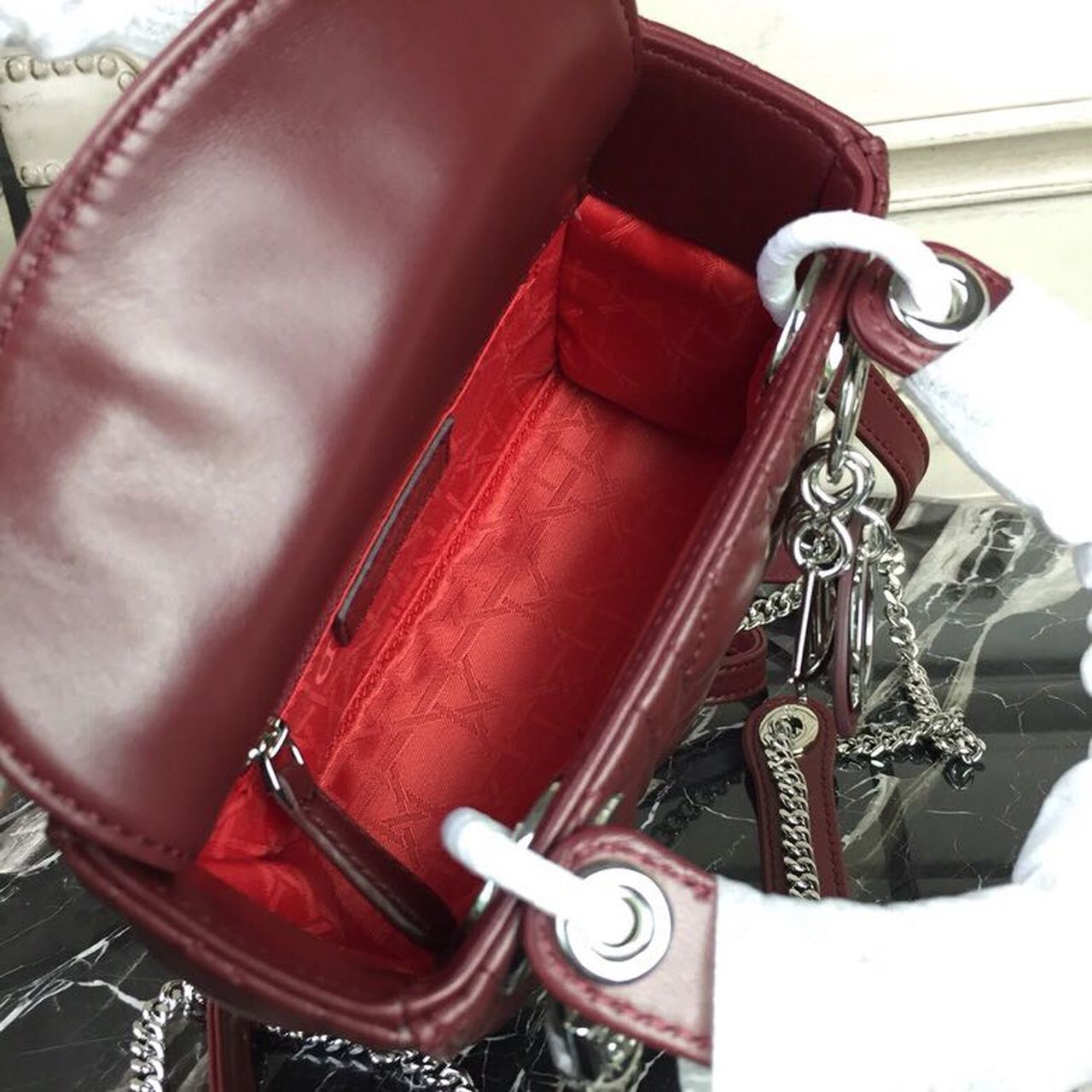 DI Mini Lady Bag with Chain Silver Hardware Burgundy For Women 6.5in/17cm CD