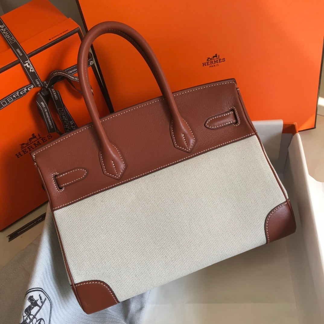 HM Birkin Bag Toile and Brown Barenia with Gold Hardware For Women, Handbags, Shoulder Bags 30cm/12in