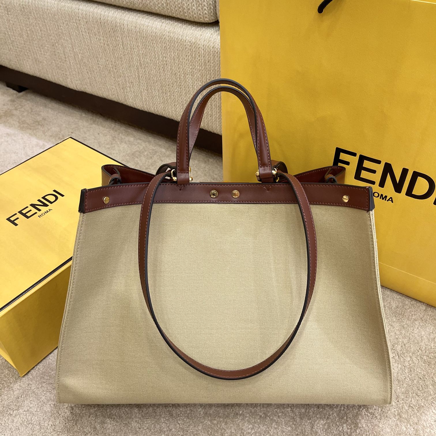 FI Peekaboo X-tote Bag Beige Canvas For Women, Women’s Handbags, Shoulder Bags 16.1in/41cm FF 8BH374