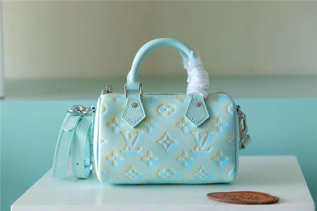 LV Nano Speedy Monogram Empreinte Vert D’eau Green For Women,  Shoulder And Crossbody Bags 16cm/6.3in LV 