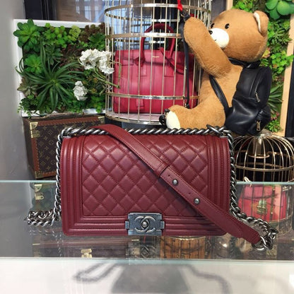 CHL Boy Handbag Silver Hardware Burgundy For Women, Women’s Bags, Shoulder And Crossbody Bags 9.8in/25cm A67086
