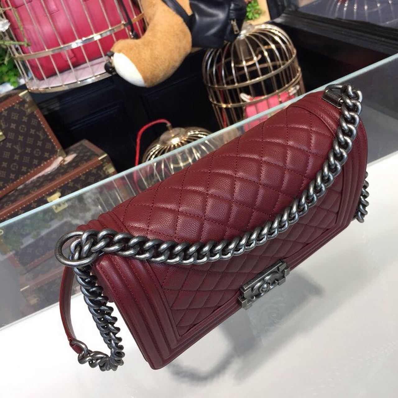 CHL Boy Handbag Silver Hardware Burgundy For Women, Women’s Bags, Shoulder And Crossbody Bags 9.8in/25cm A67086