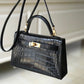 HM Mini Kelly 19 Black Crocodile Bag For Women, Handbags, Shoulder Bags 7.5in/19cm