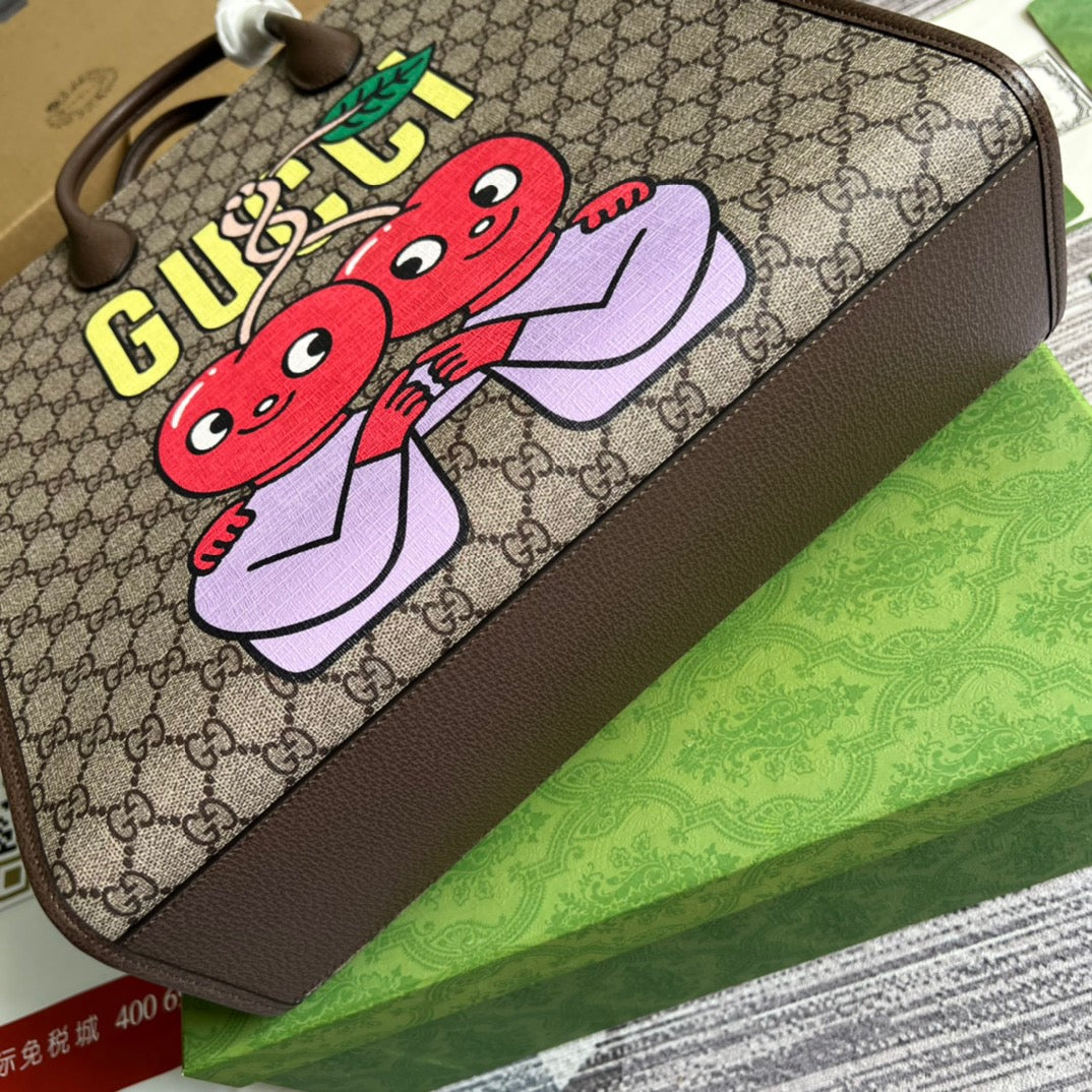 gg Cherry Print Medium Tote Beige For Women, Women’s Bags 15.1in/38cm gg ‎703264 U2QAG 8839