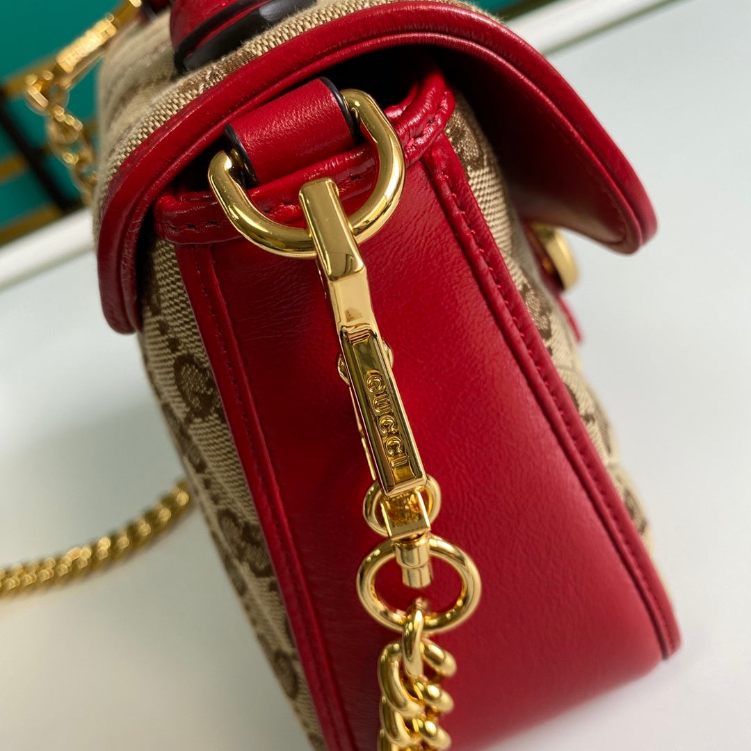 gg Ladies gg Canvas Marmont Mini Top Handle Bag Beige And Red gg Canvas For Women 8.3in/21cm gg 583571 HVKEG 8561