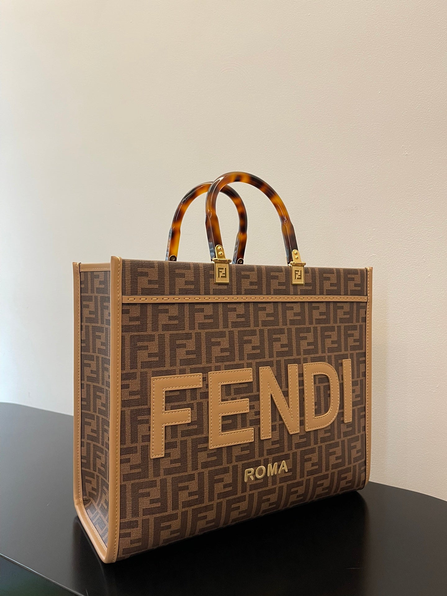 FI Sunshine Medium Brown FF jacquard fabric shopper Bag For Woman 31cm/12in