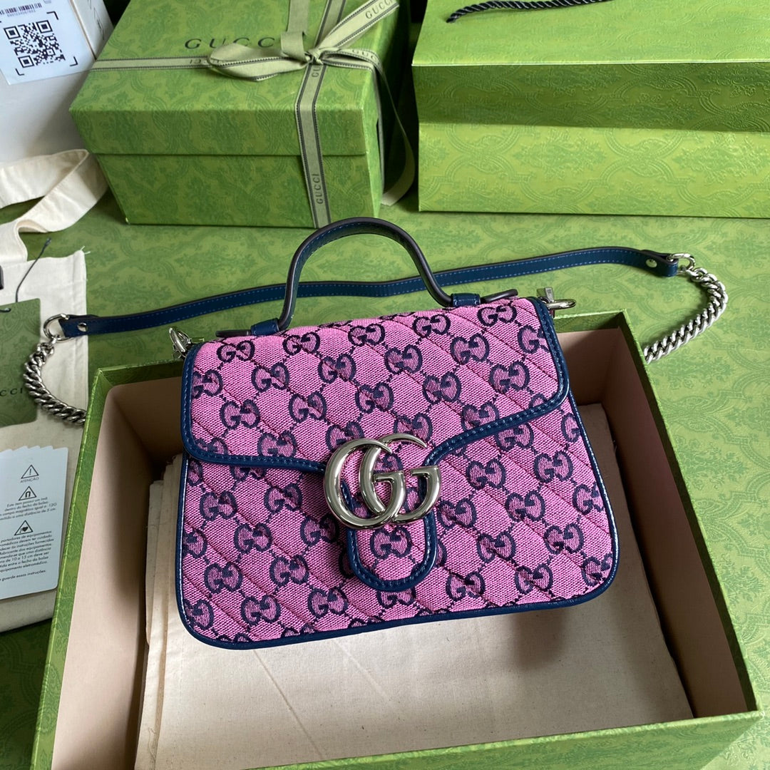 gg Marmont Mini Top Handle Bag In Pink And Blue gg Canvas For Women 8.3in/21cm gg
